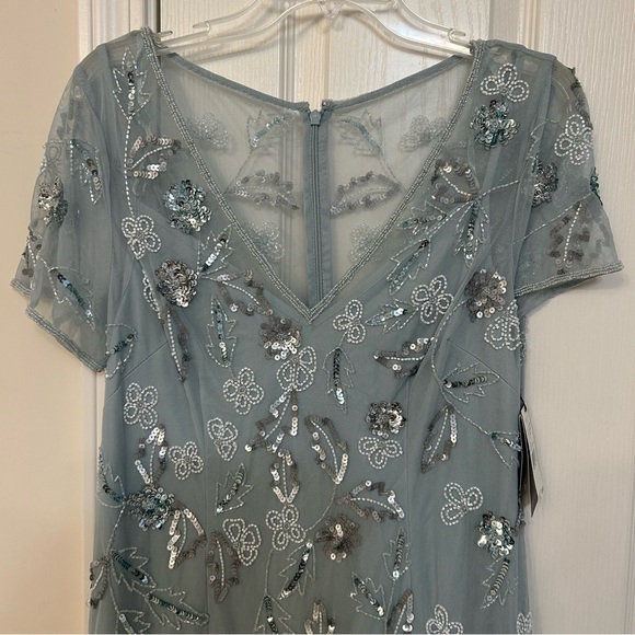ADRIANNA PAPELL V-Neck Short Sleeve Illusion Beaded Gown in Aqua Dust - Picture 7 of 12